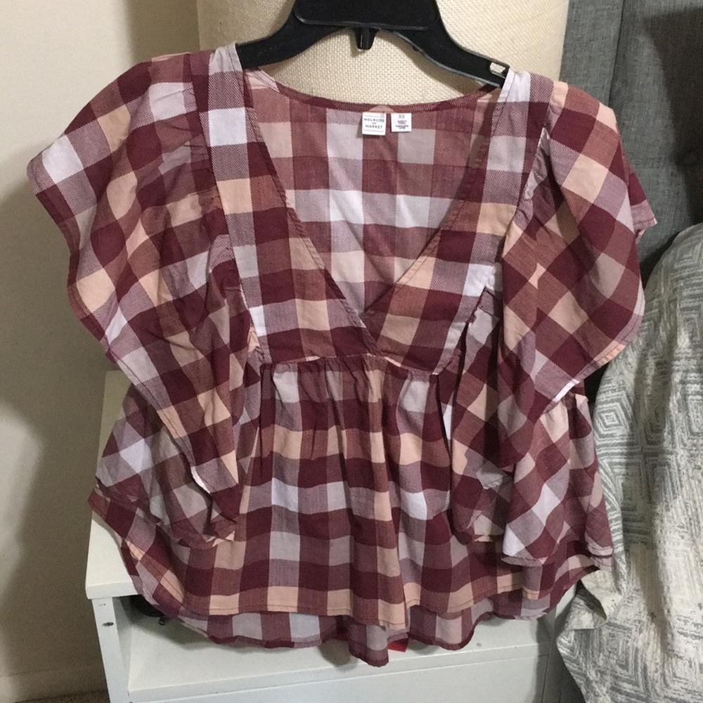 Ruffle sleeve garnet plaid top